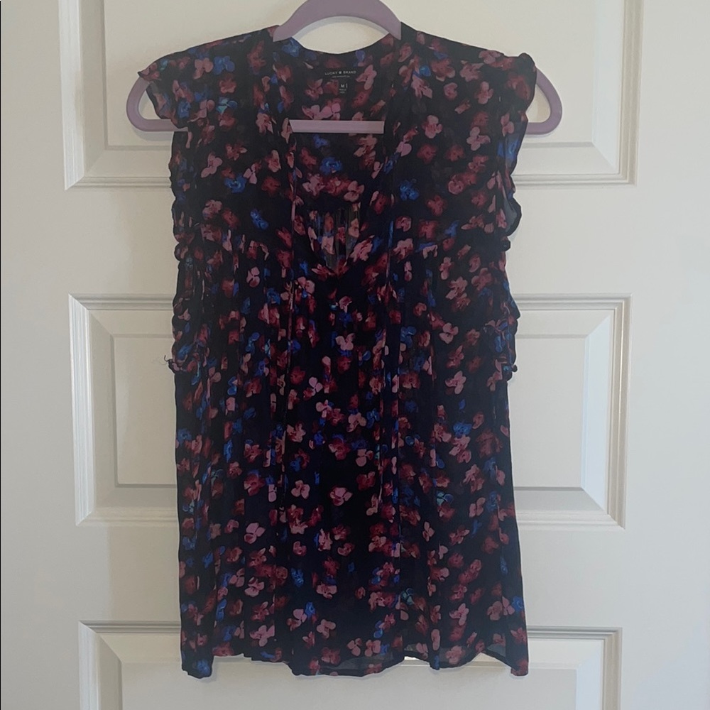 Lucky Brand Black and Blue Ruffled Blouse